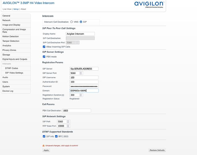 Avigilon Intercom Config